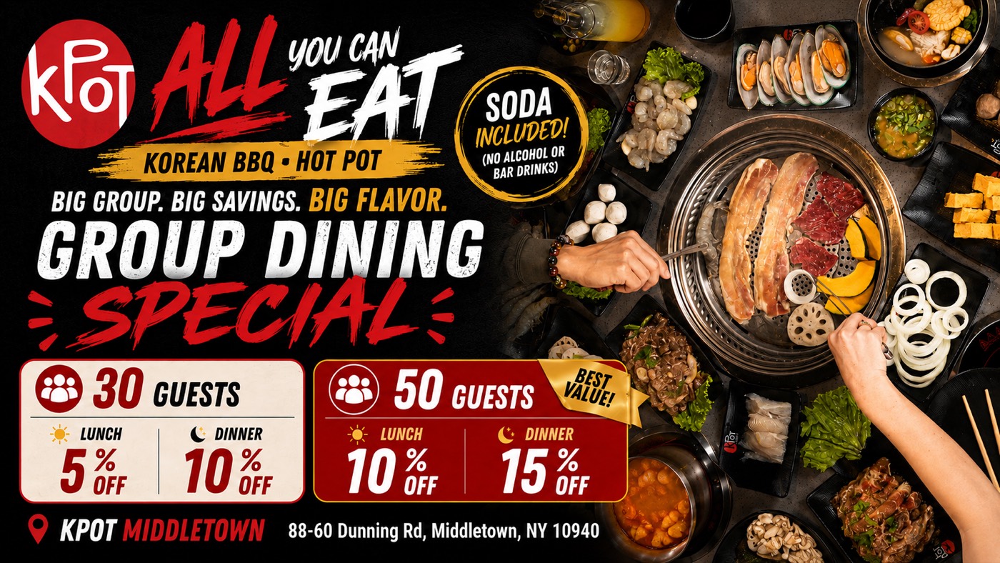 KPOT Middletown Group Dining Special: 30 guests get 5% off lunch and 10% off dinner, 50 guests get 10% off lunch and 15% off dinner, soda included, at 88-60 Dunning Rd